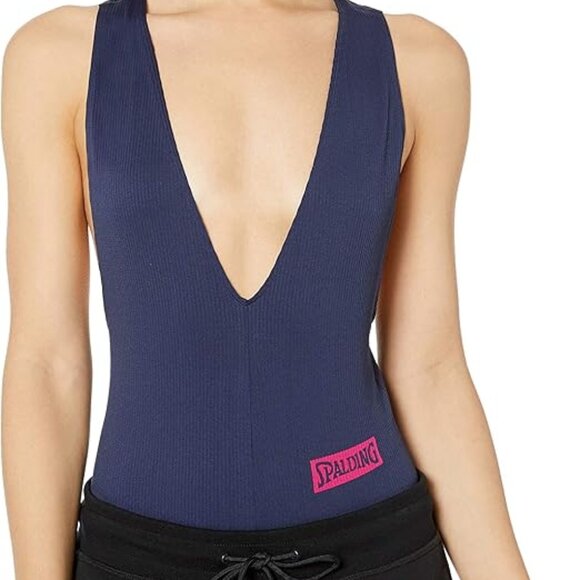SPALDING PEACOAT BLUE PLUNGE DEEP V-NECK SEAMLESS BODYSUIT SIZE MEDIUM NWT - Picture 2 of 13
